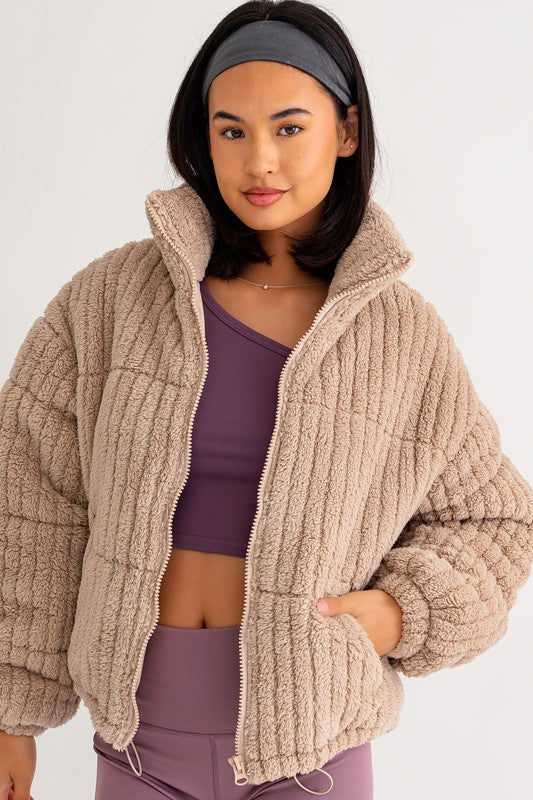 The Cuddle Szn Taupe Sherpa Puffer Jacket