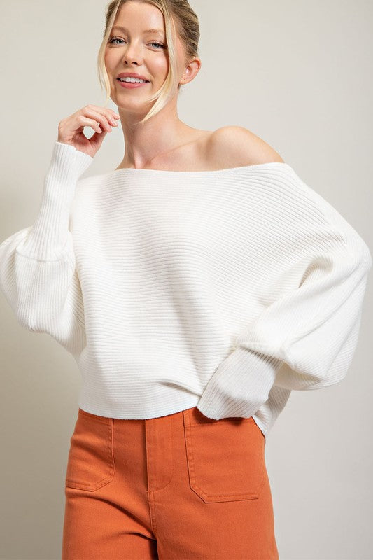 The Whisk Me Away White Ribbed Dolman Sweater