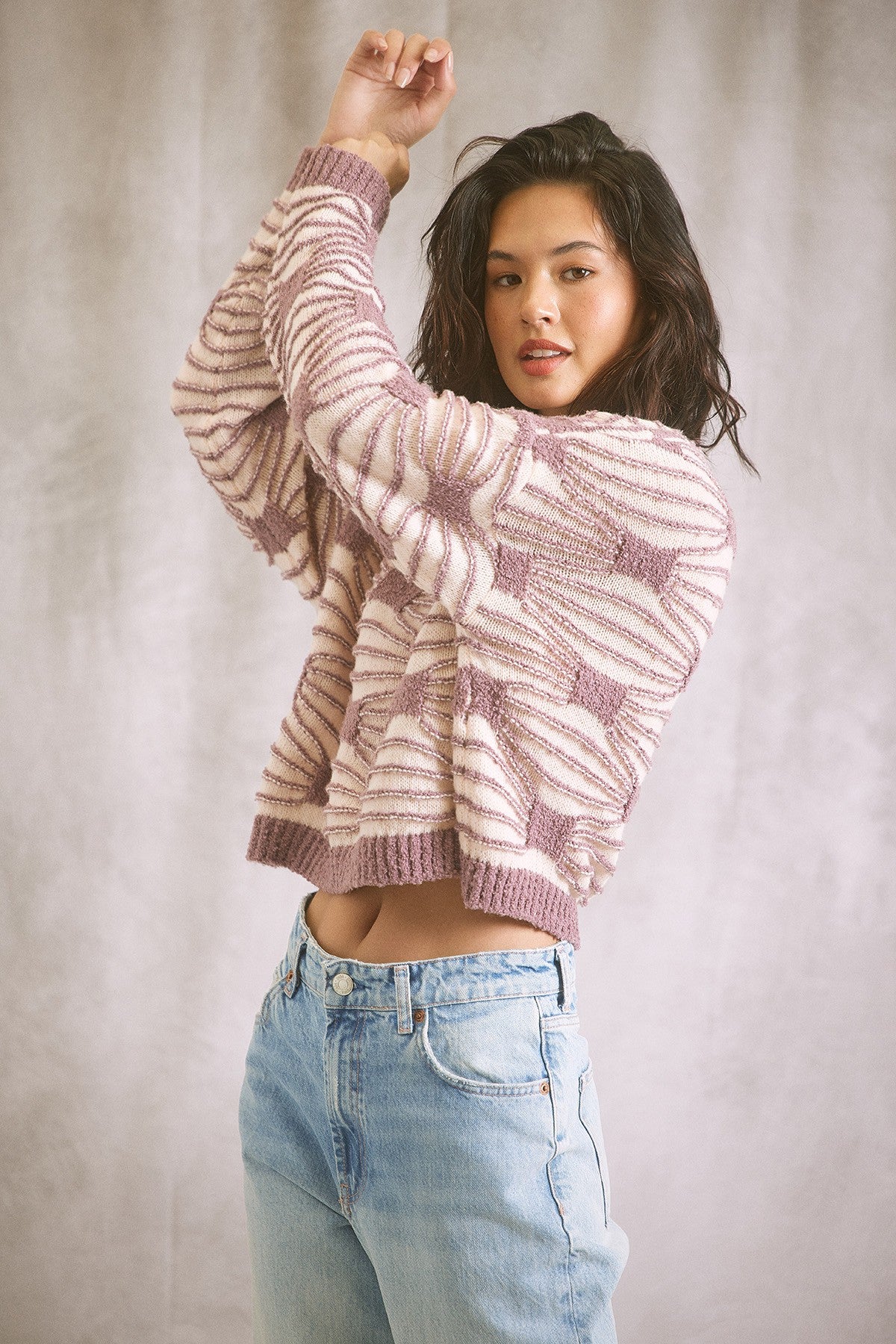 The Sweetly Spoken Ash Lilac Patterned Sweater