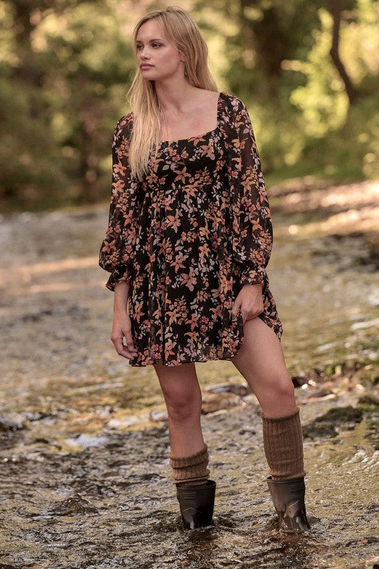 The Fallin For You Black Floral Print Mini Dress