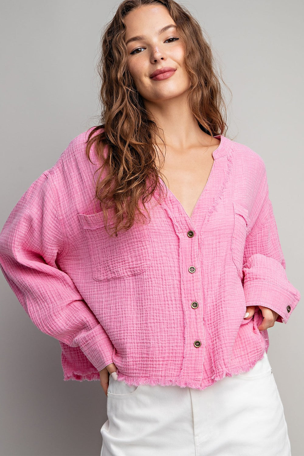 The Tickled Pink Button Down Gauze Shirt