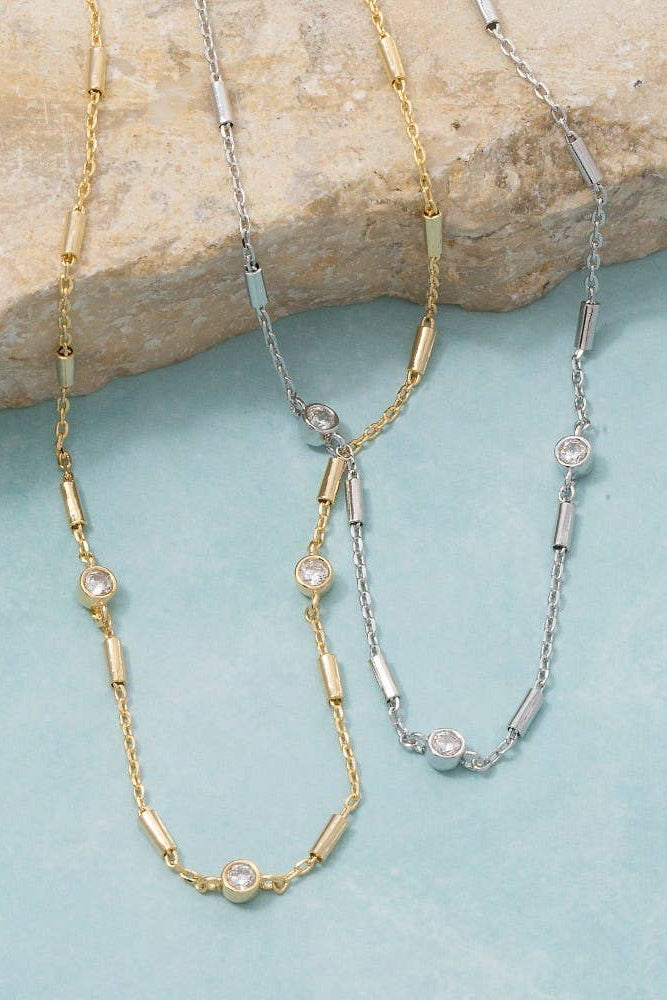 The Gold Cz Station Bar Chain Necklace