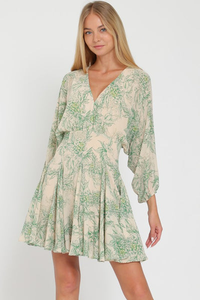 The Sonoma Beige and Green Floral Print Mini Dress