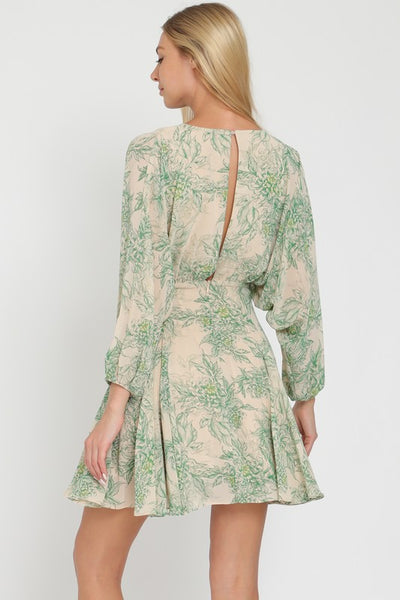 The Sonoma Beige and Green Floral Print Mini Dress