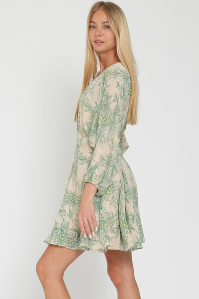 The Sonoma Beige and Green Floral Print Mini Dress