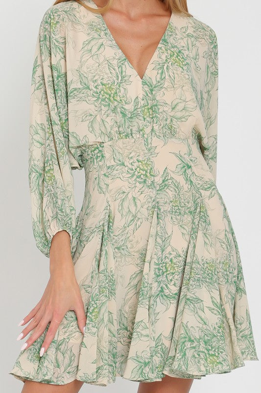 The Sonoma Beige and Green Floral Print Mini Dress