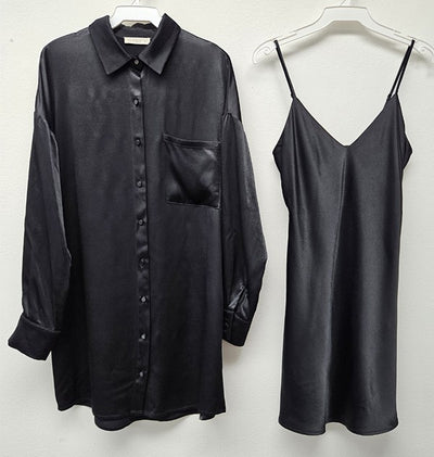 The Meet Me at Midnight Black Satin Mini Dress and Shirt Set
