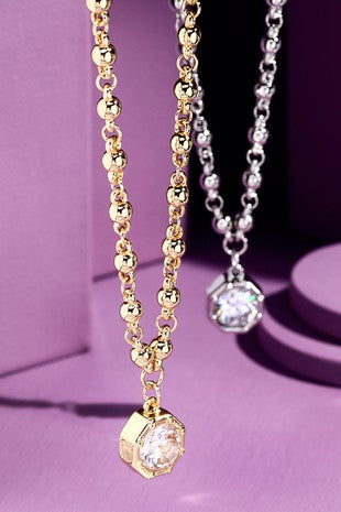Silver Octagon Crystal Pendant Necklace