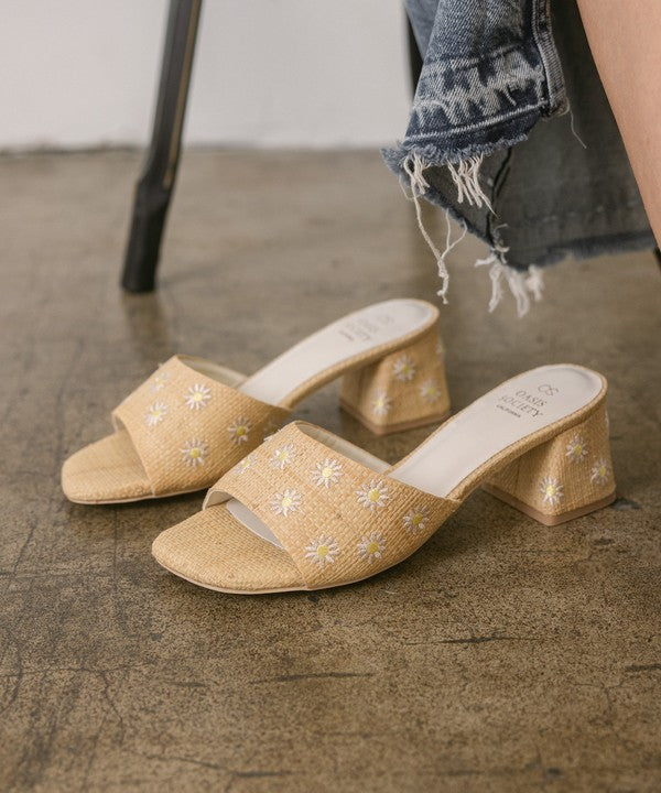 The Olive Floral Embroidered Wheat Heels