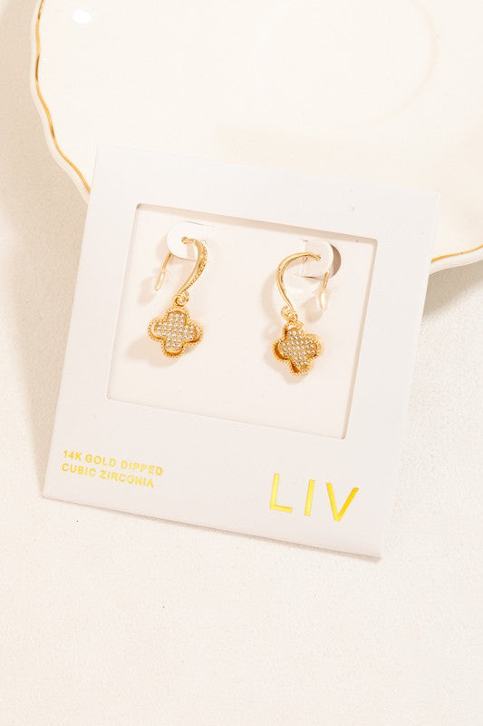 The Gold Dipped Cz Pave Clover Charm Hoop Earrings