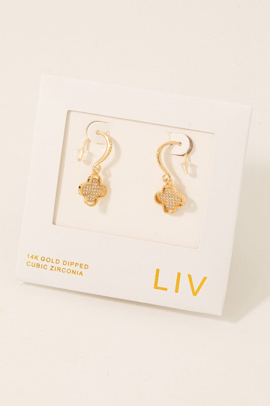 The Gold Dipped Cz Pave Clover Charm Hoop Earrings