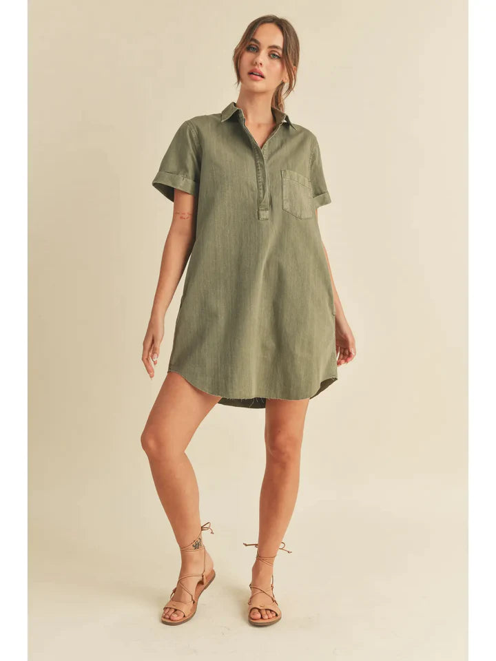 The Object Lesson Olive Short Sleeve Shirt Mini Dress