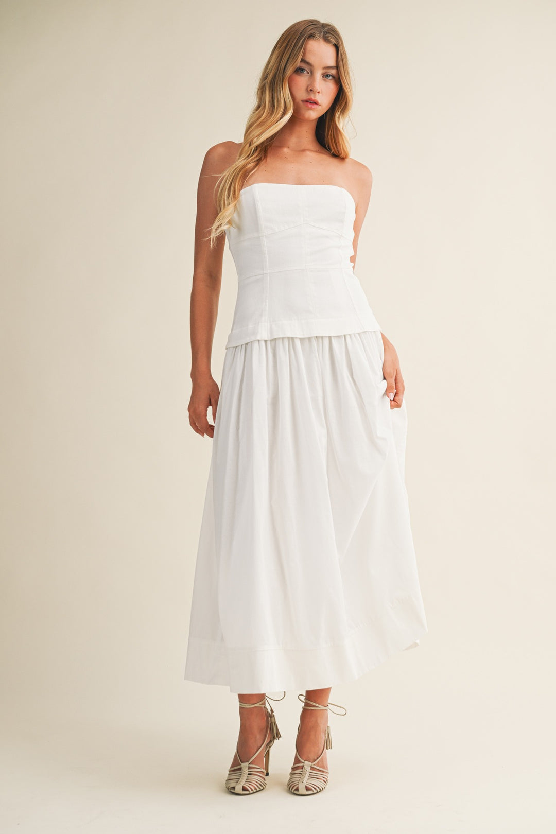 The First In Class Strapless Drop Waist Midi Dress