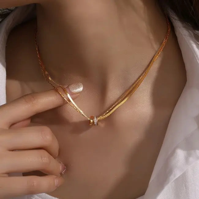 The Signature Double Rings 18K Stainless Steel Tarnish Free Layered Necklace