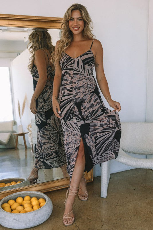 The Shoot the Moon Black and Grey Abstract Print Maxi Slip Dress