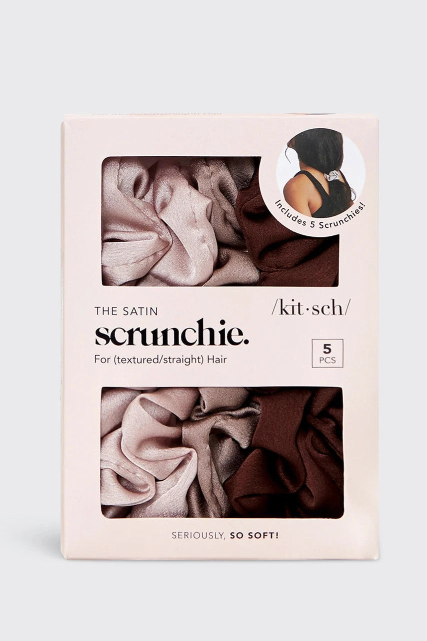 Package of satin scrunchies with images of scrunchies on a light gray background