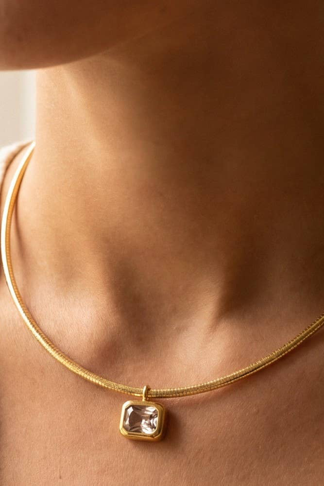 The Herringbone Gold Chain Baguette Cz Pendant Necklace
