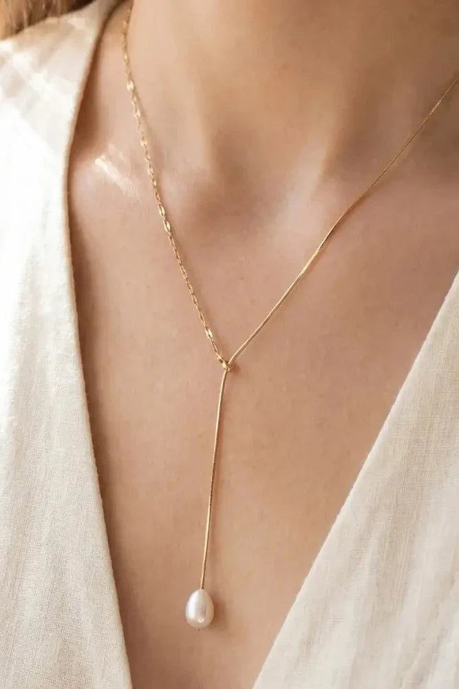 The Gold Mixed Chain Pearl Drop Lariat Necklace