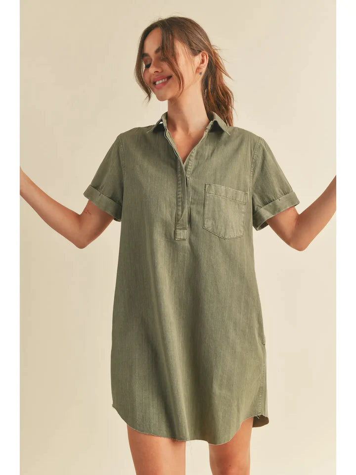The Object Lesson Olive Short Sleeve Shirt Mini Dress