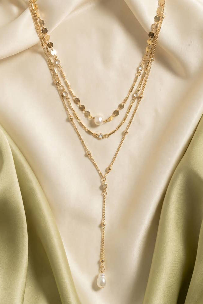 The Gold Layered Pearl Cz Lariat Drop Necklace