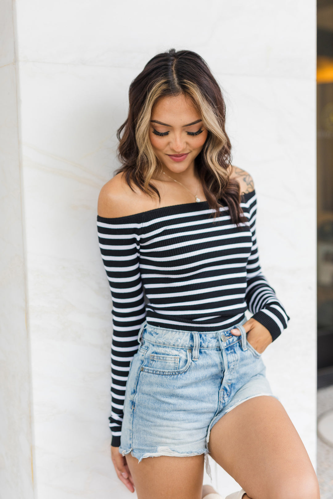 The Around Town Striped Off Shoulder Top