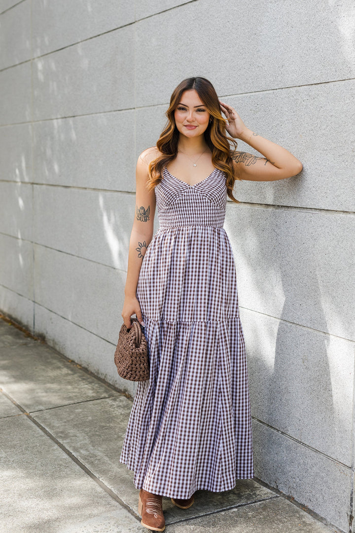 The Feeling Like Sunshine Brown Gingham Maxi Dress