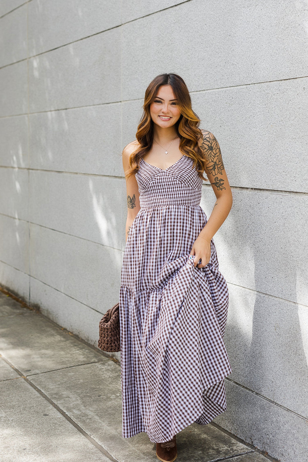 The Feeling Like Sunshine Brown Gingham Maxi Dress