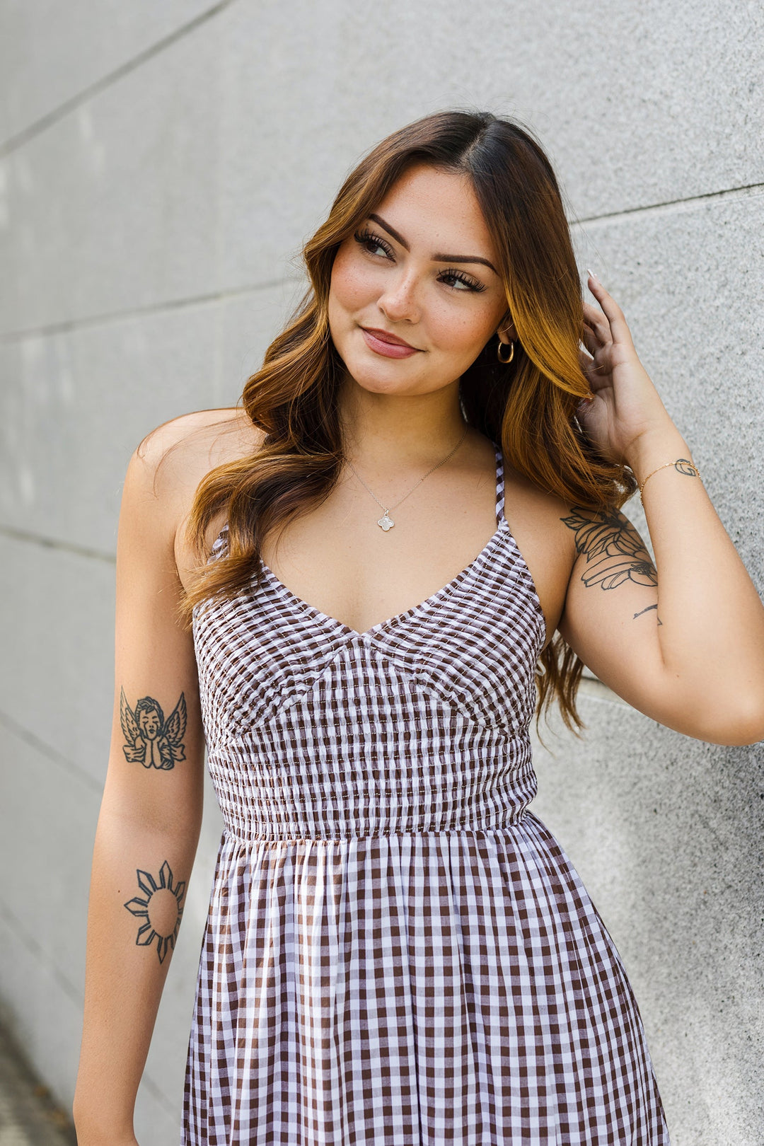 The Feeling Like Sunshine Brown Gingham Maxi Dress