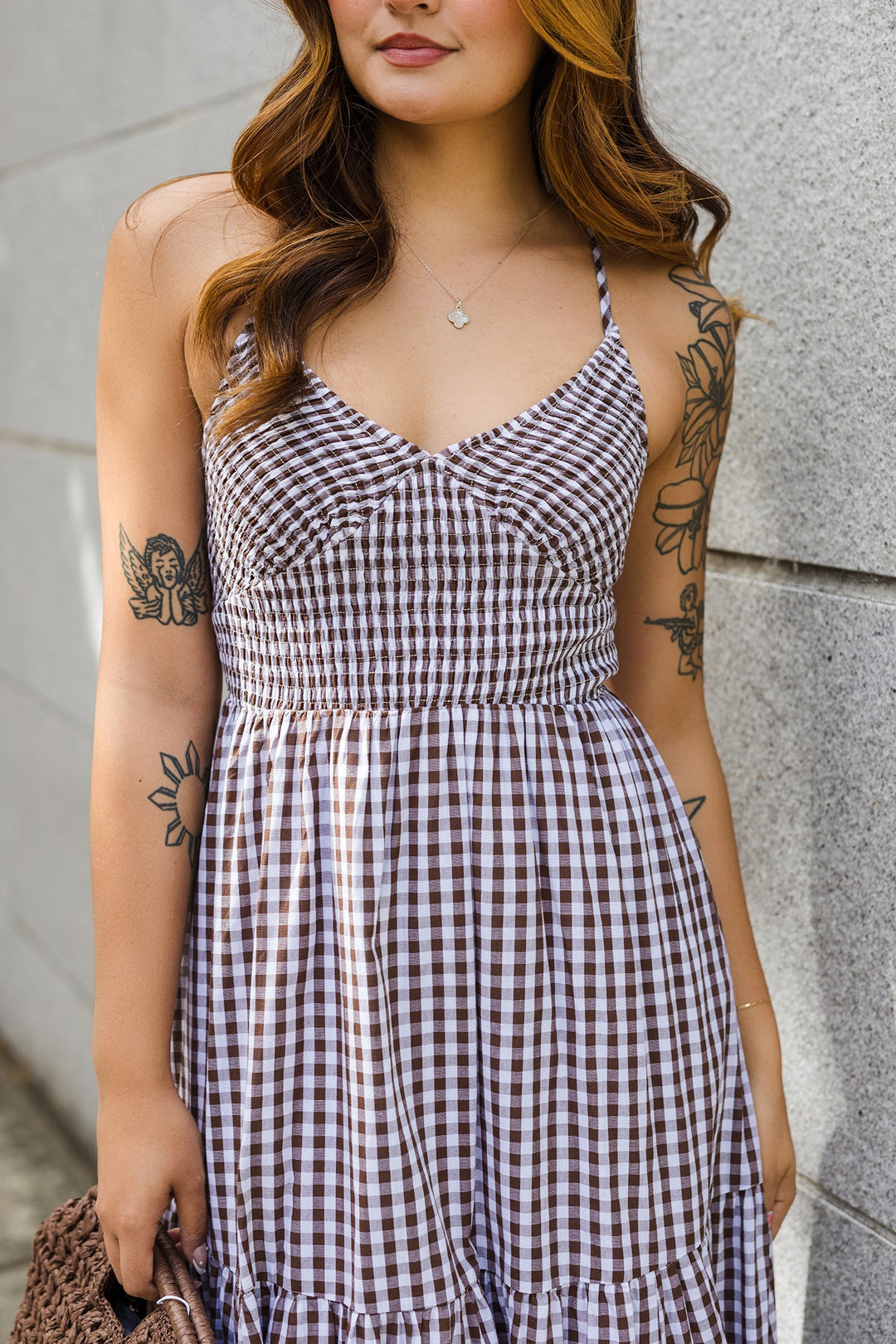 The Feeling Like Sunshine Brown Gingham Maxi Dress