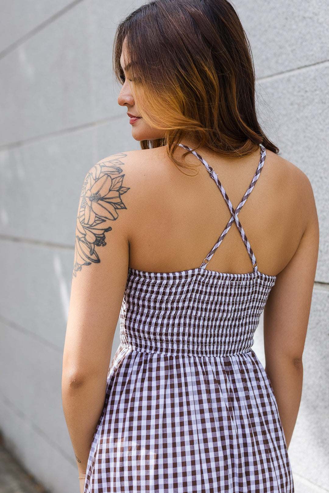 The Feeling Like Sunshine Brown Gingham Maxi Dress