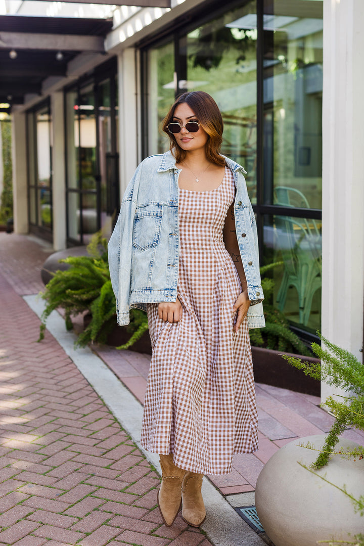 The Boardwalk Brown Gingham Midi Dress