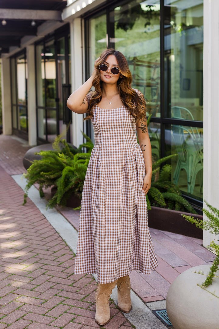 The Boardwalk Brown Gingham Midi Dress