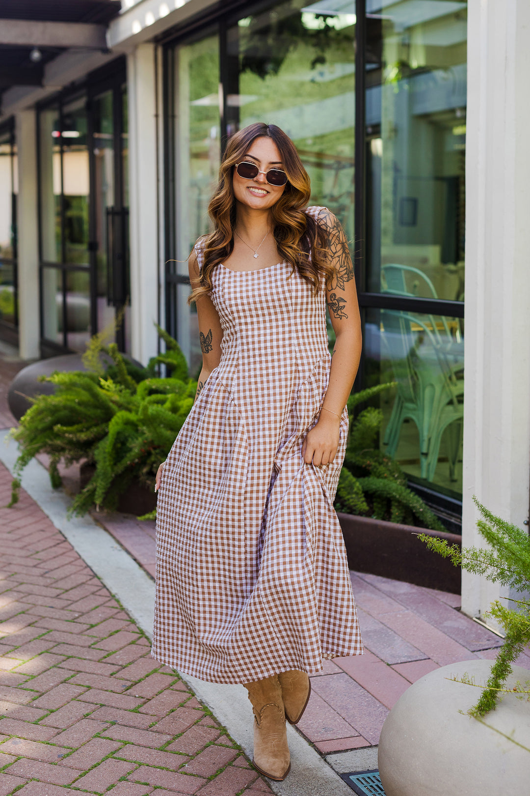 The Boardwalk Brown Gingham Midi Dress