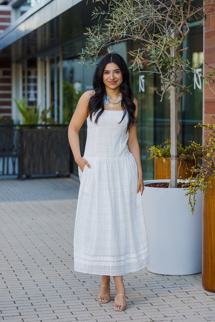 The Mykonos White Drop Waist Midi Dress