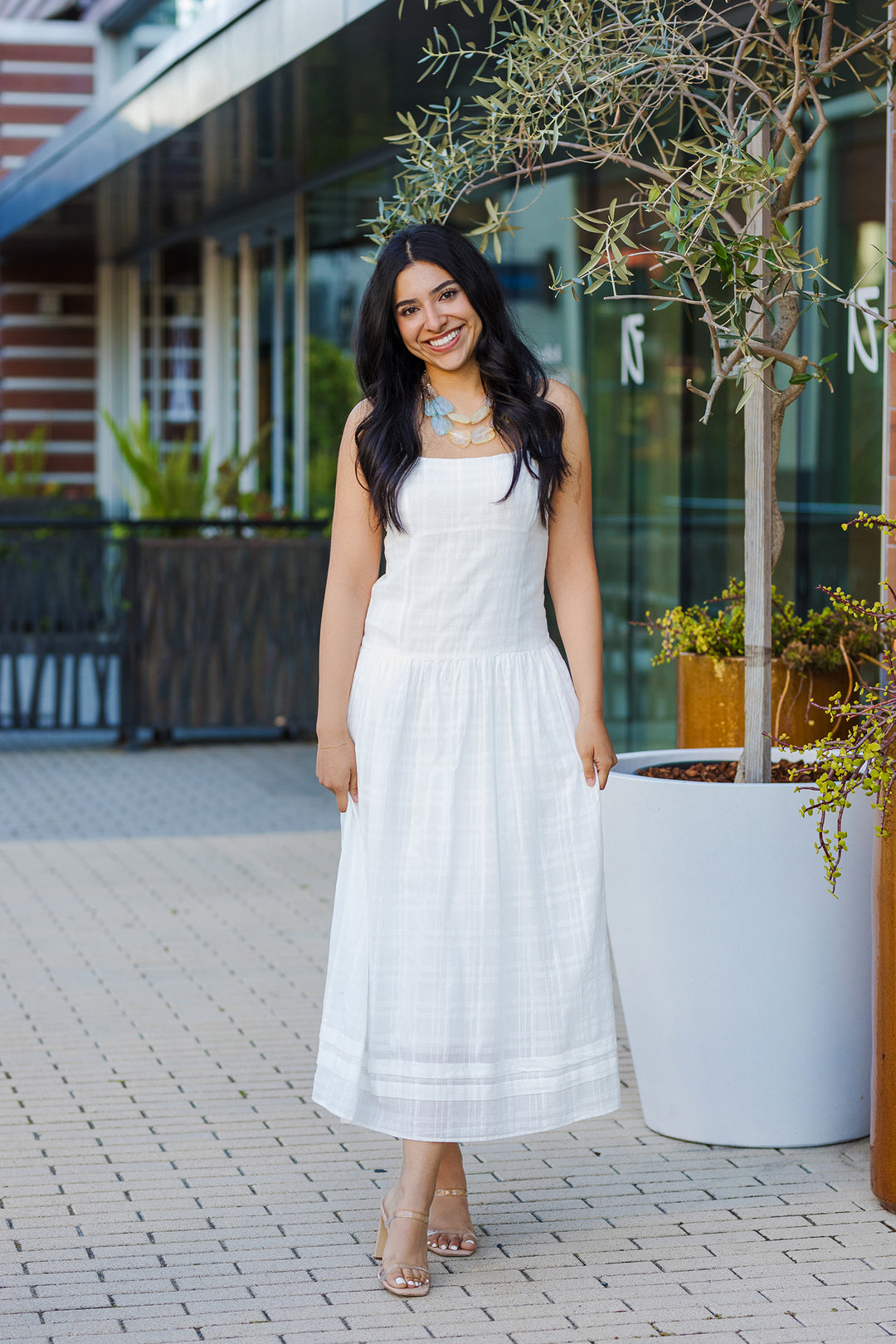 White Drop Waist Midi Dress