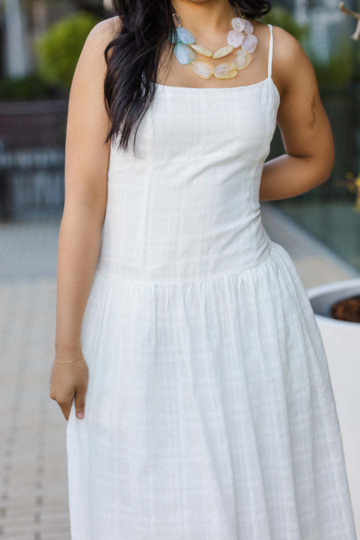 The Mykonos White Drop Waist Midi Dress