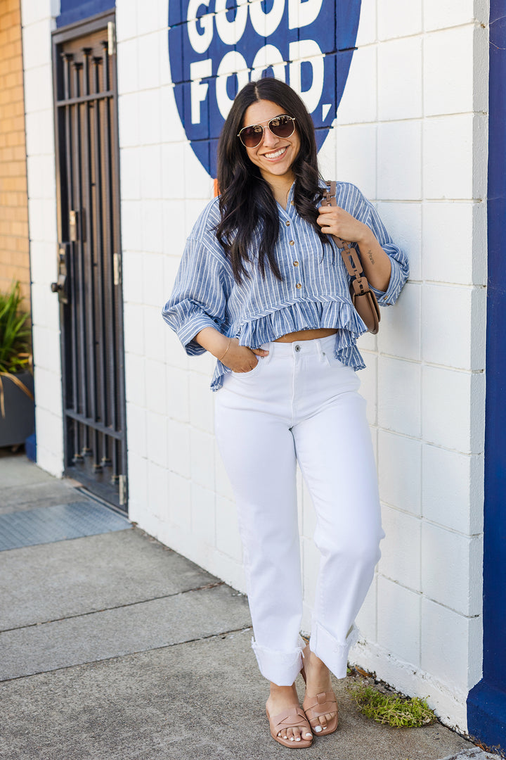 The San Clemente Striped Ruffle Hem Top