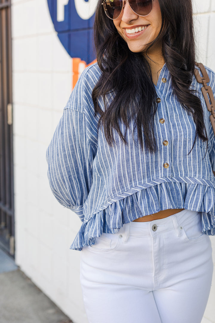 The San Clemente Striped Ruffle Hem Top