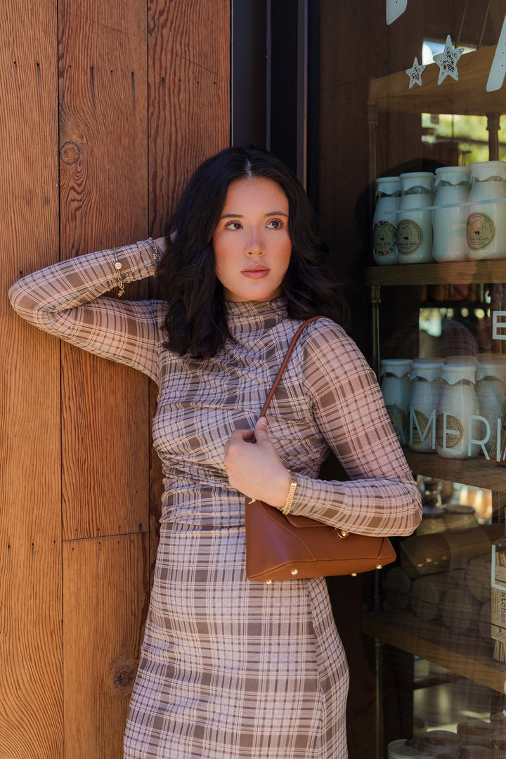 The Westbury Mock Neck Plaid Midi Dress