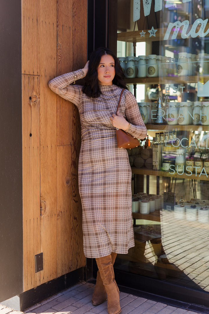 The Westbury Mock Neck Plaid Midi Dress