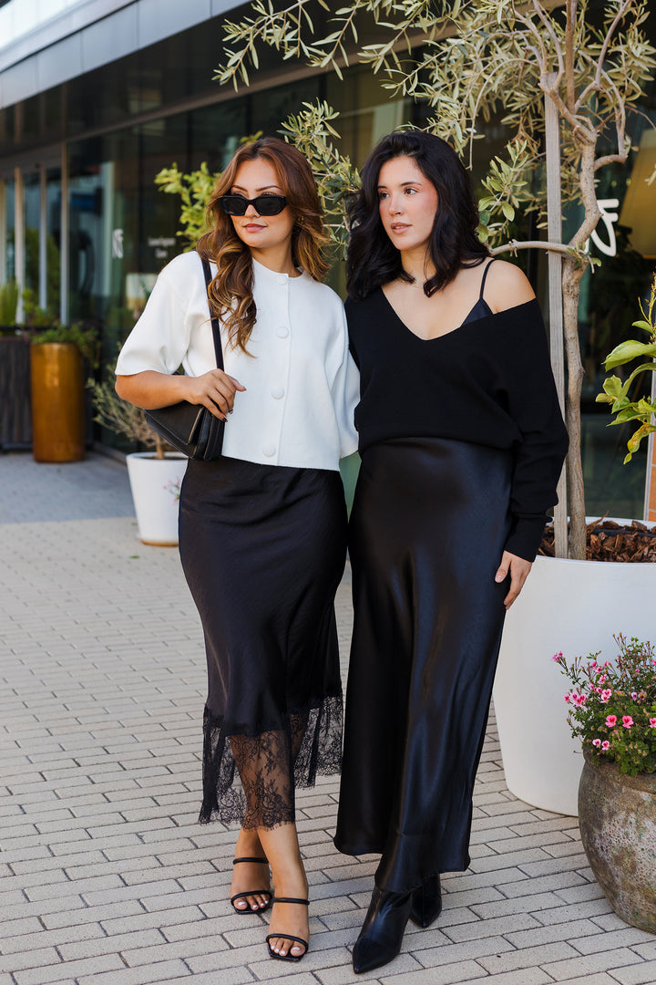 The Leilah Lace Trim Midi Satin Skirt