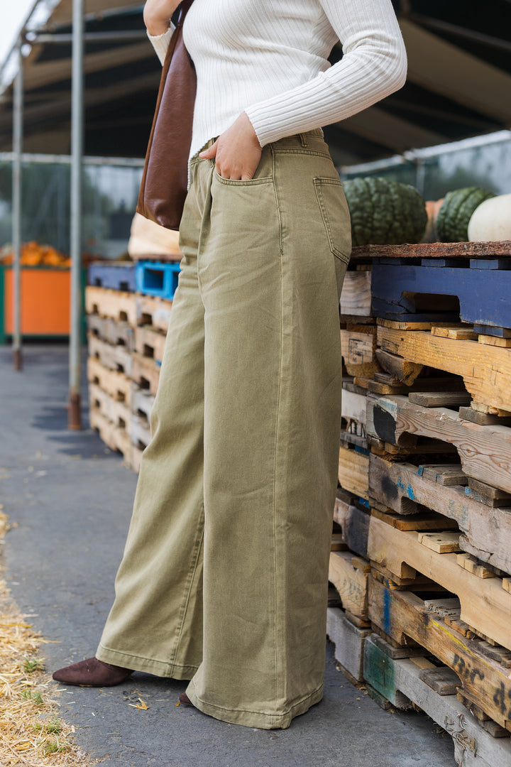 The Gianna Olive High Waist Wide Leg Washed Jeans