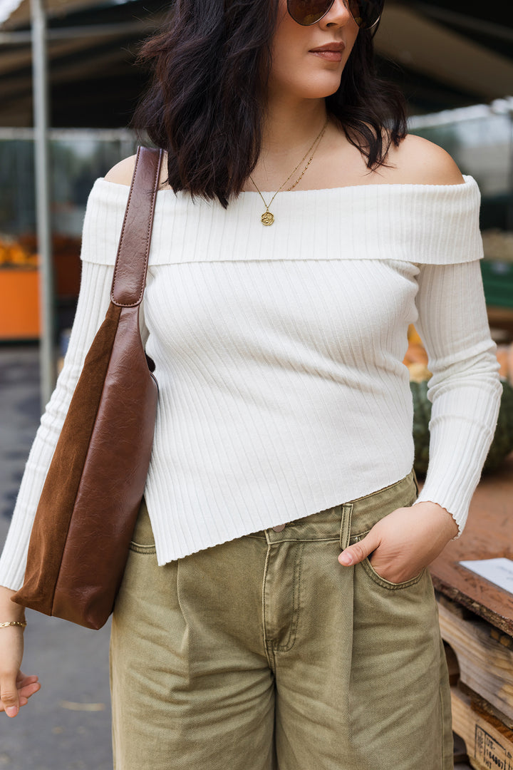 The Adriana Asymmetric Rib Off Shoulder Top