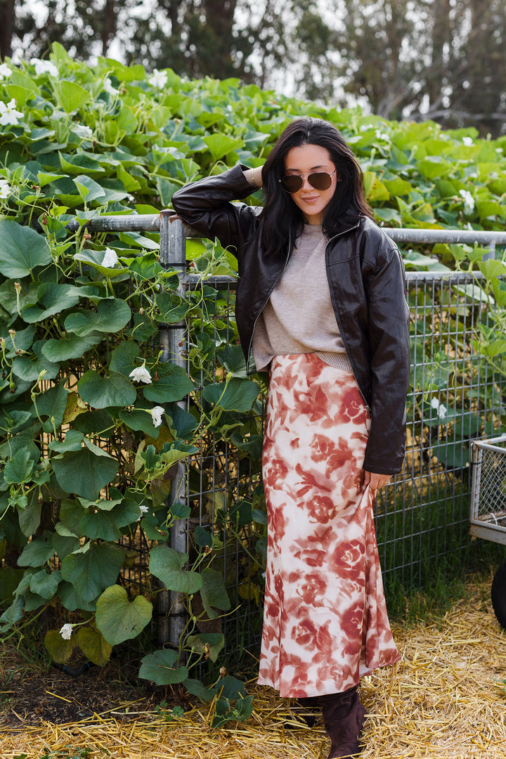 The Changing Leaves Patterned Satin Maxi Skirt