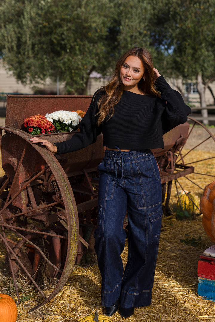 The Remmy Dark Wash Wide Leg Cargo Denim Pants