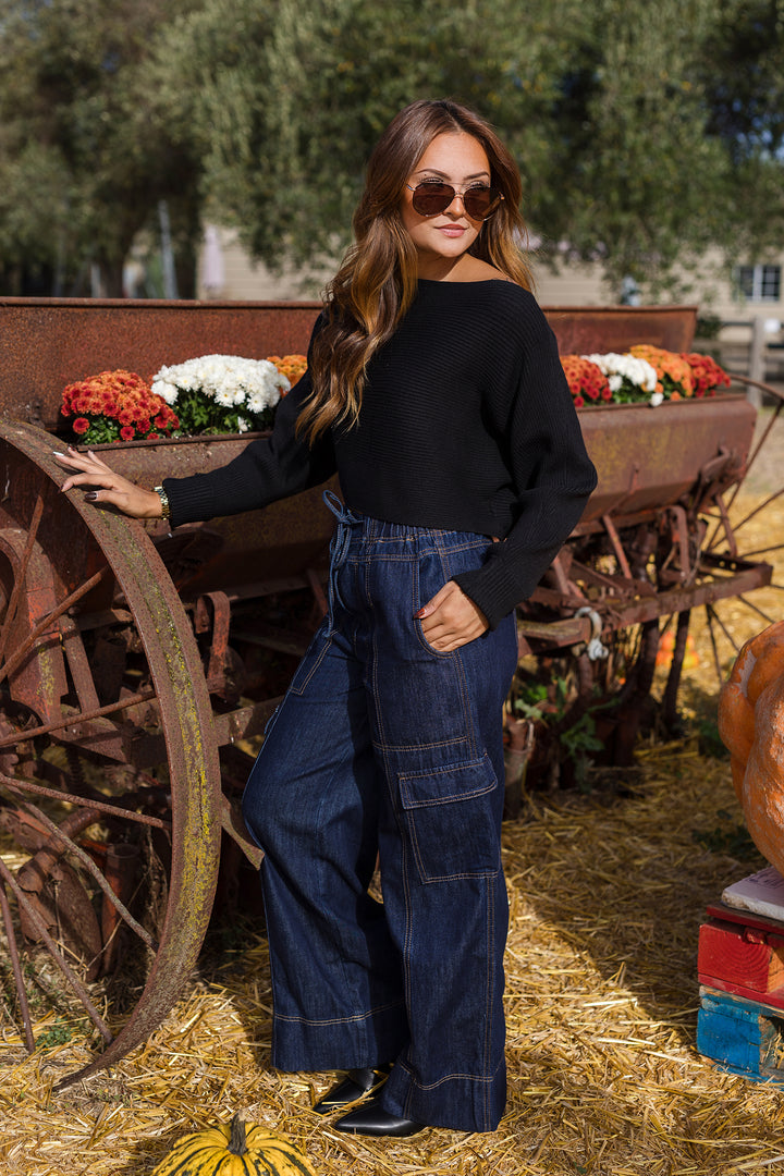 The Remmy Dark Wash Wide Leg Cargo Denim Pants