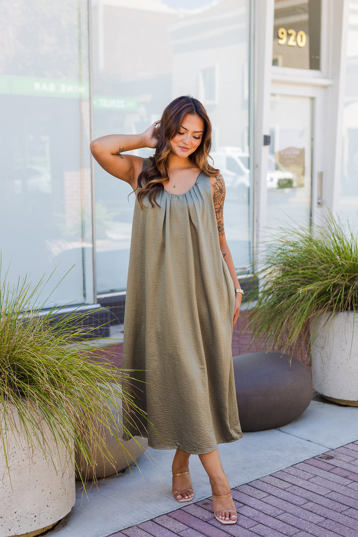 The Serenity Dress Satin Babydoll Midi Dress