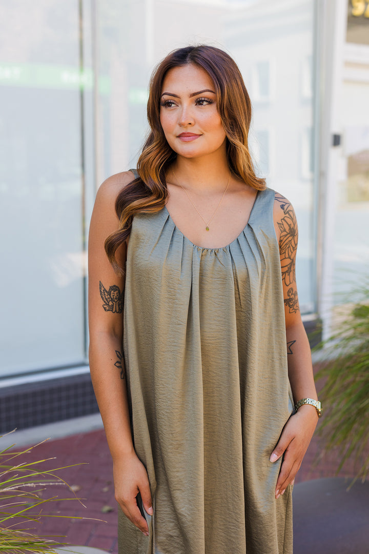The Serenity Dress Satin Babydoll Midi Dress