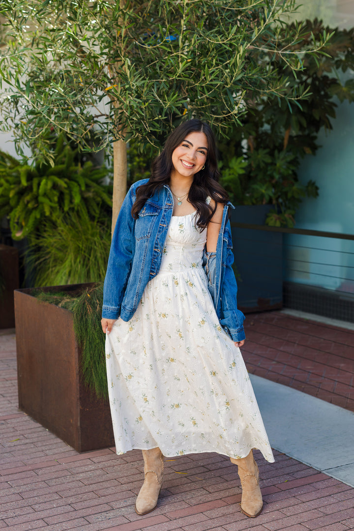 The Already Sunday Floral Eyelet Corset Midi Dress
