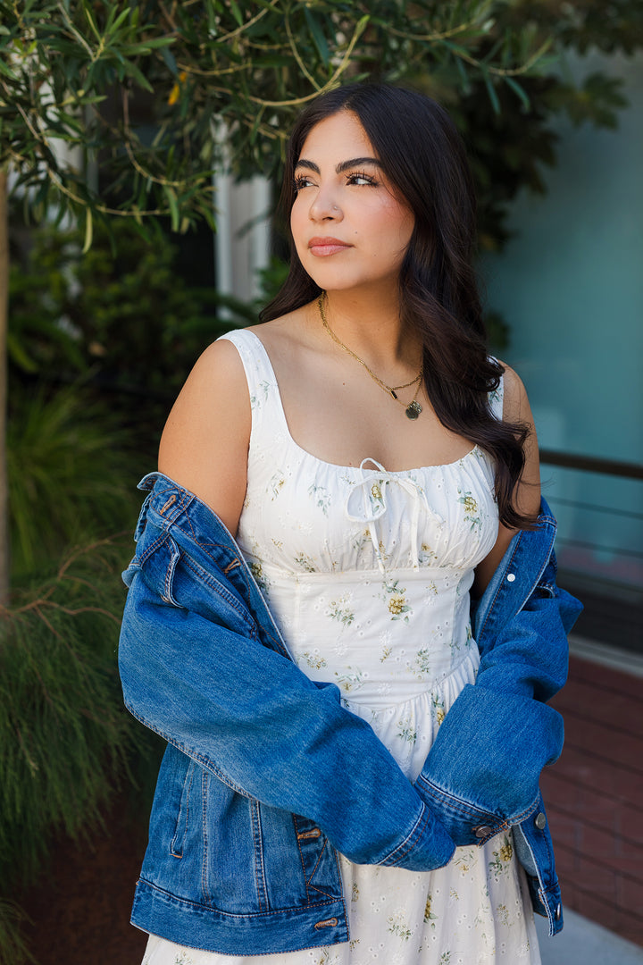 The Already Sunday Floral Eyelet Corset Midi Dress